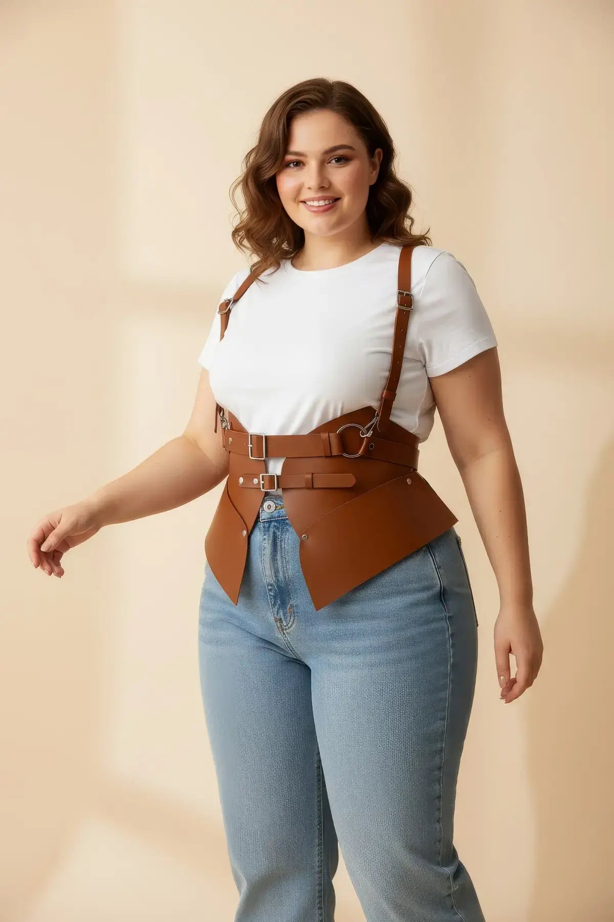 Plus-size tan vegan leather shoulder-strap harness vest with double buckles and peplum waist cincher by HarnessClub
