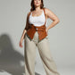 Plus-size tan vegan-leather shoulder-harness vest with double-buckle peplum waist cincher by HarnessClub