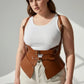Plus-size tan vegan leather shoulder-strap harness vest with double buckles and peplum waist cincher