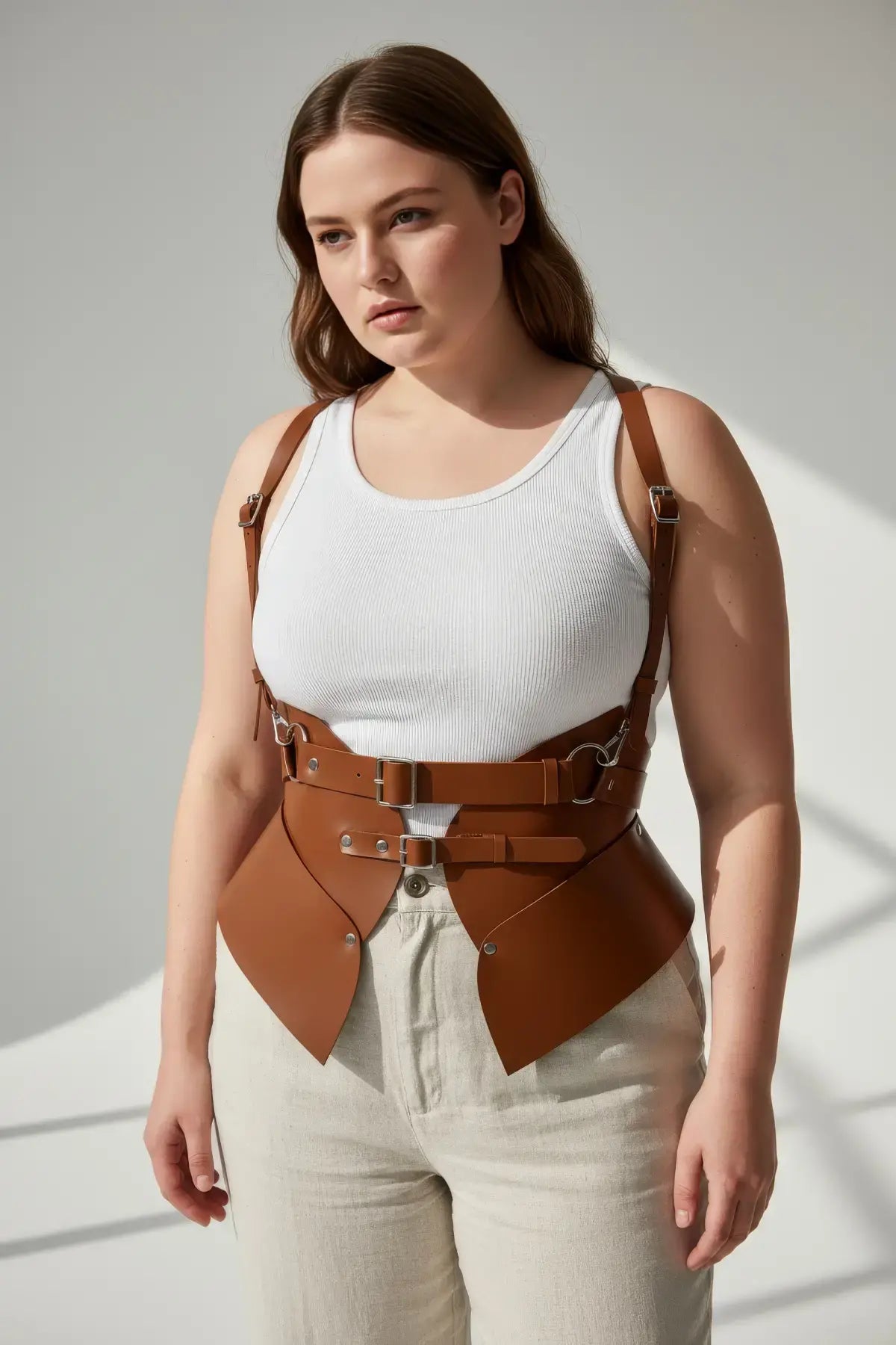 Plus-size tan vegan leather shoulder-strap harness vest with double buckles and peplum waist cincher