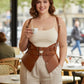 HarnessClub tan vegan leather shoulder strap harness vest with double buckles and waist cincher