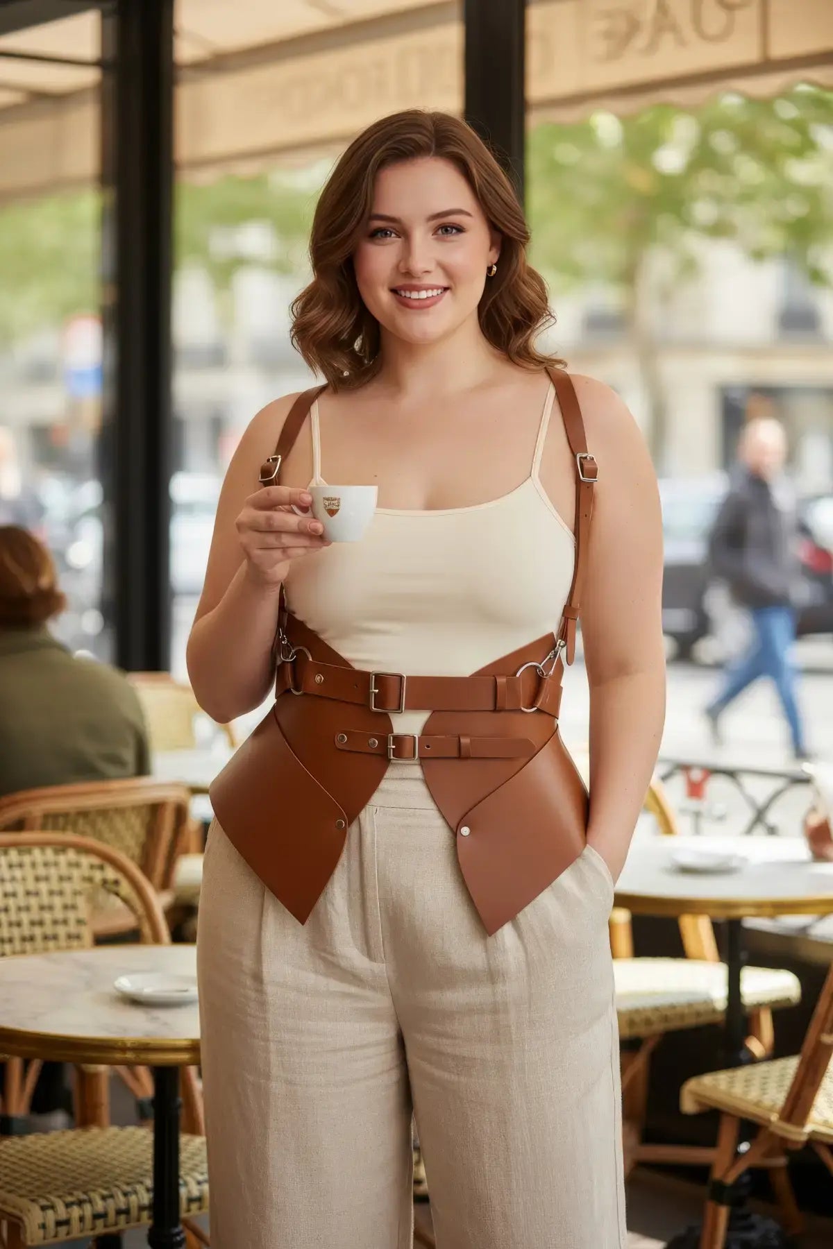 HarnessClub tan vegan leather shoulder strap harness vest with double buckles and waist cincher