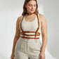 Plus Size Tan Strappy Body Harness by HarnessClub with multi-buckle straps and vegan leather choker