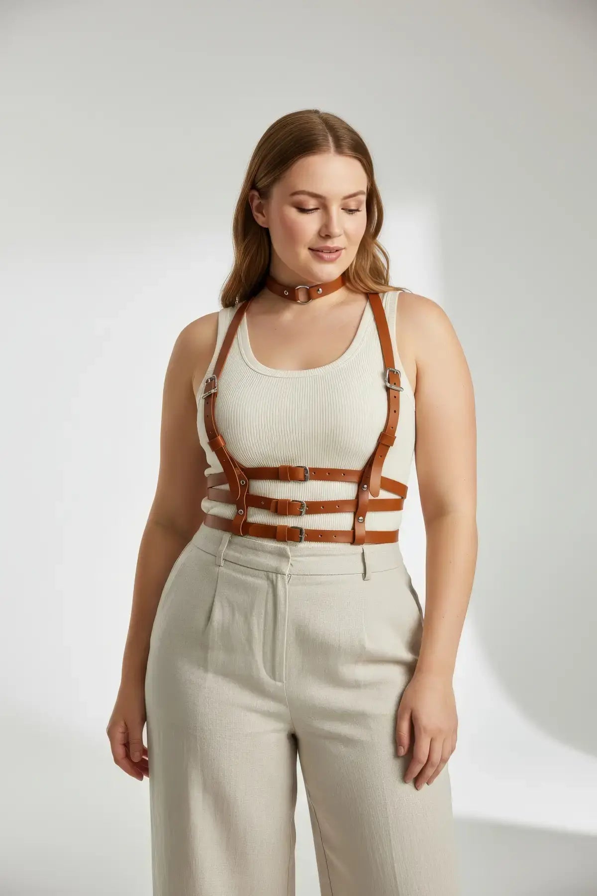Plus Size Tan Strappy Body Harness by HarnessClub with multi-buckle straps and vegan leather choker
