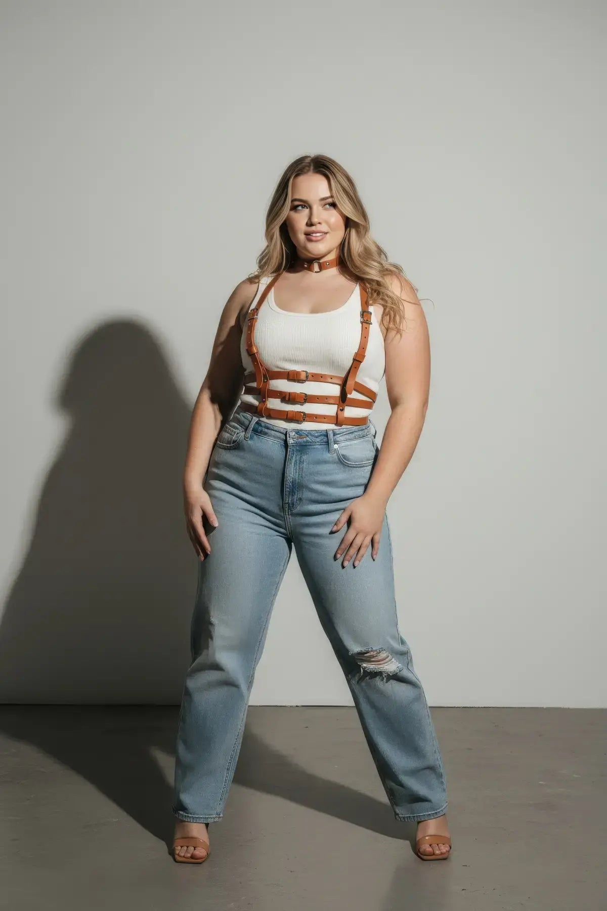 Plus Size Tan Strappy Body Harness by HarnessClub with vegan leather choker and multiple buckles