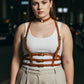 Plus Size Tan Strappy Body Harness by HarnessClub with vegan leather choker and multi-buckle straps.