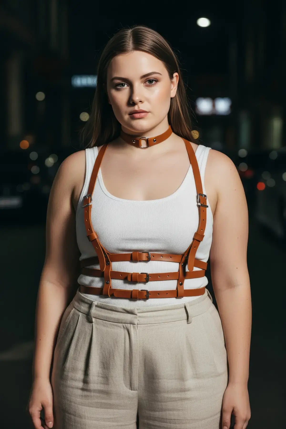 Plus Size Tan Strappy Body Harness by HarnessClub with vegan leather choker and multi-buckle straps.