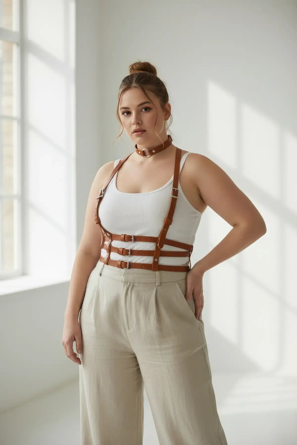 Plus-size tan vegan leather strappy body harness with choker and multiple buckles worn by model