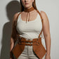 Plus Size tan vegan leather suspender corset harness with choker and hip flaps by HarnessClub