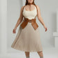 Plus-size tan vegan-leather suspender corset harness with choker and hip flaps by HarnessClub