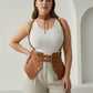 Plus-size tan vegan leather suspender corset harness with choker and hip flaps by HarnessClub