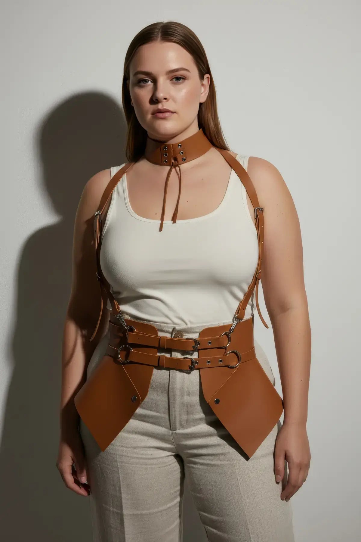 Plus-size tan vegan leather suspender corset harness with choker and hip flaps by HarnessClub
