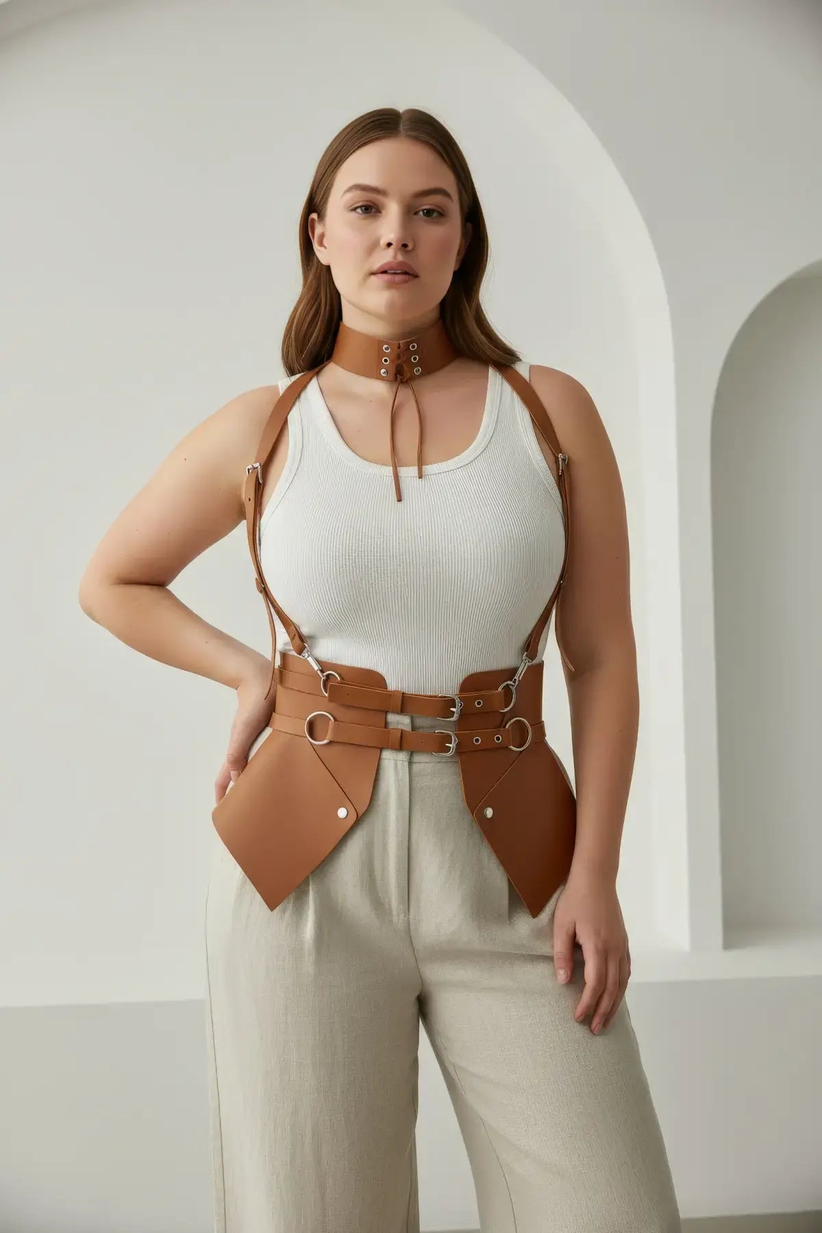 Plus-size tan vegan leather suspender corset harness with choker and hip flaps