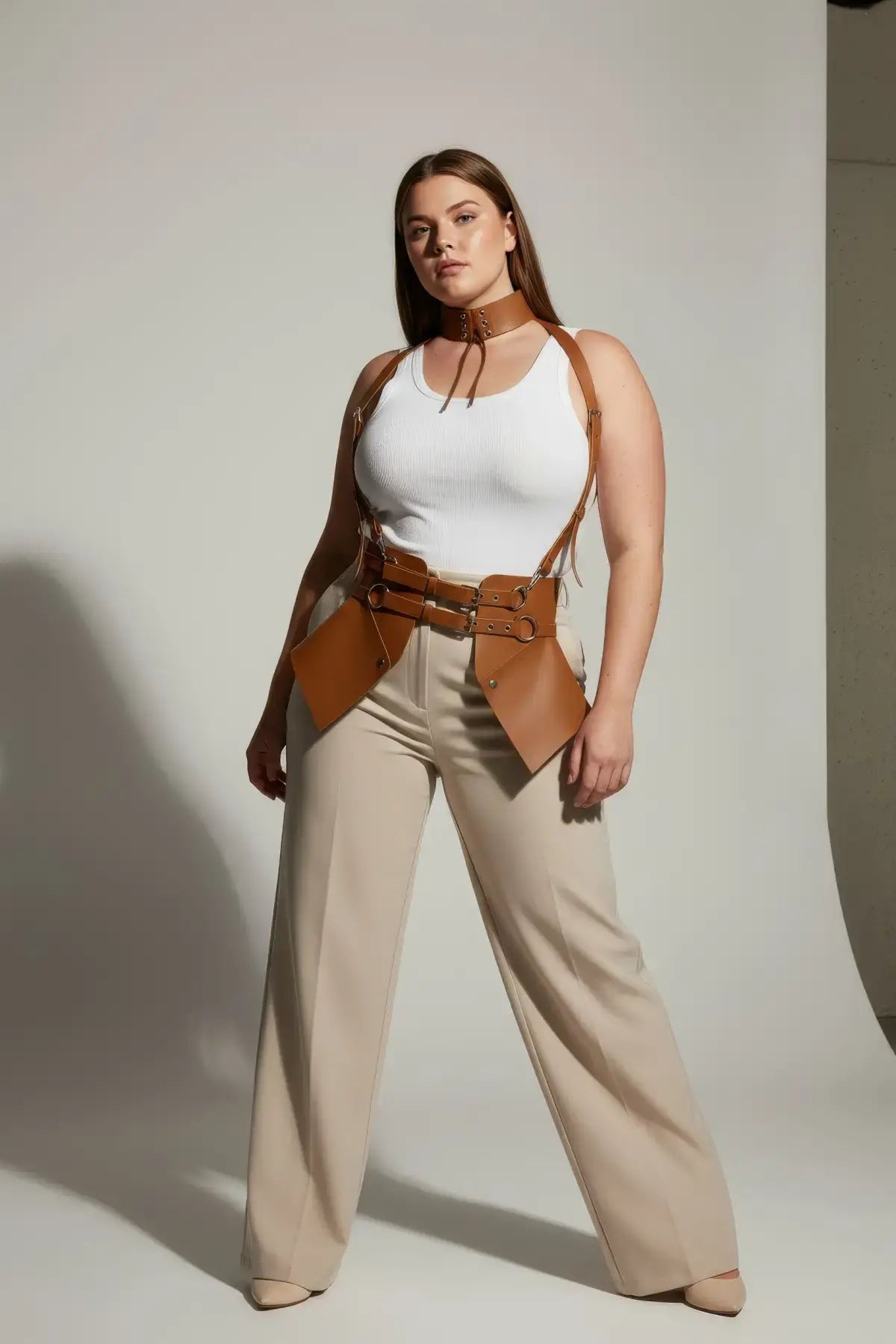 Plus-Size tan vegan-leather suspender corset harness with choker and hip flaps by HarnessClub