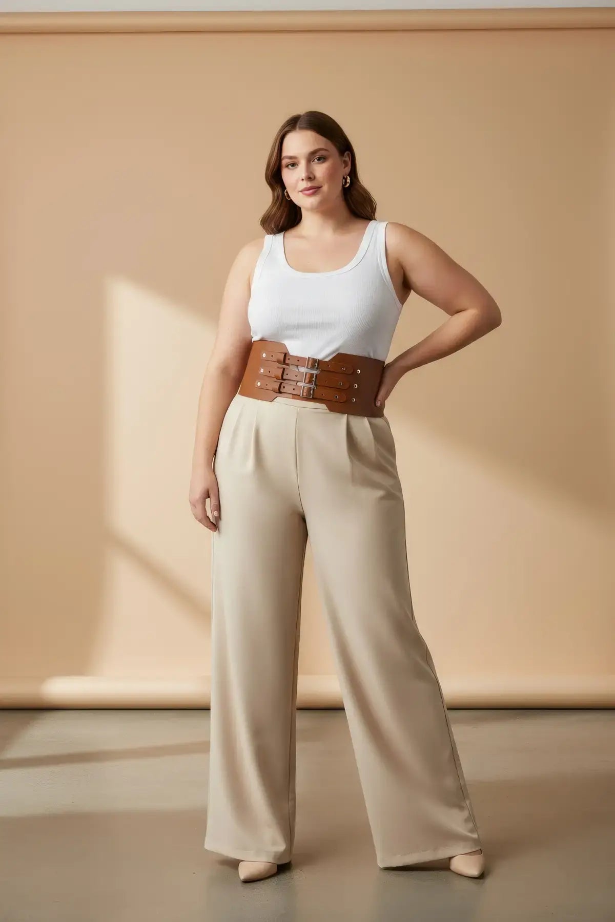 Plus Size Tan Triple Buckle Corset Belt; vegan leather waist cincher over a white tank and beige wide-leg pants
