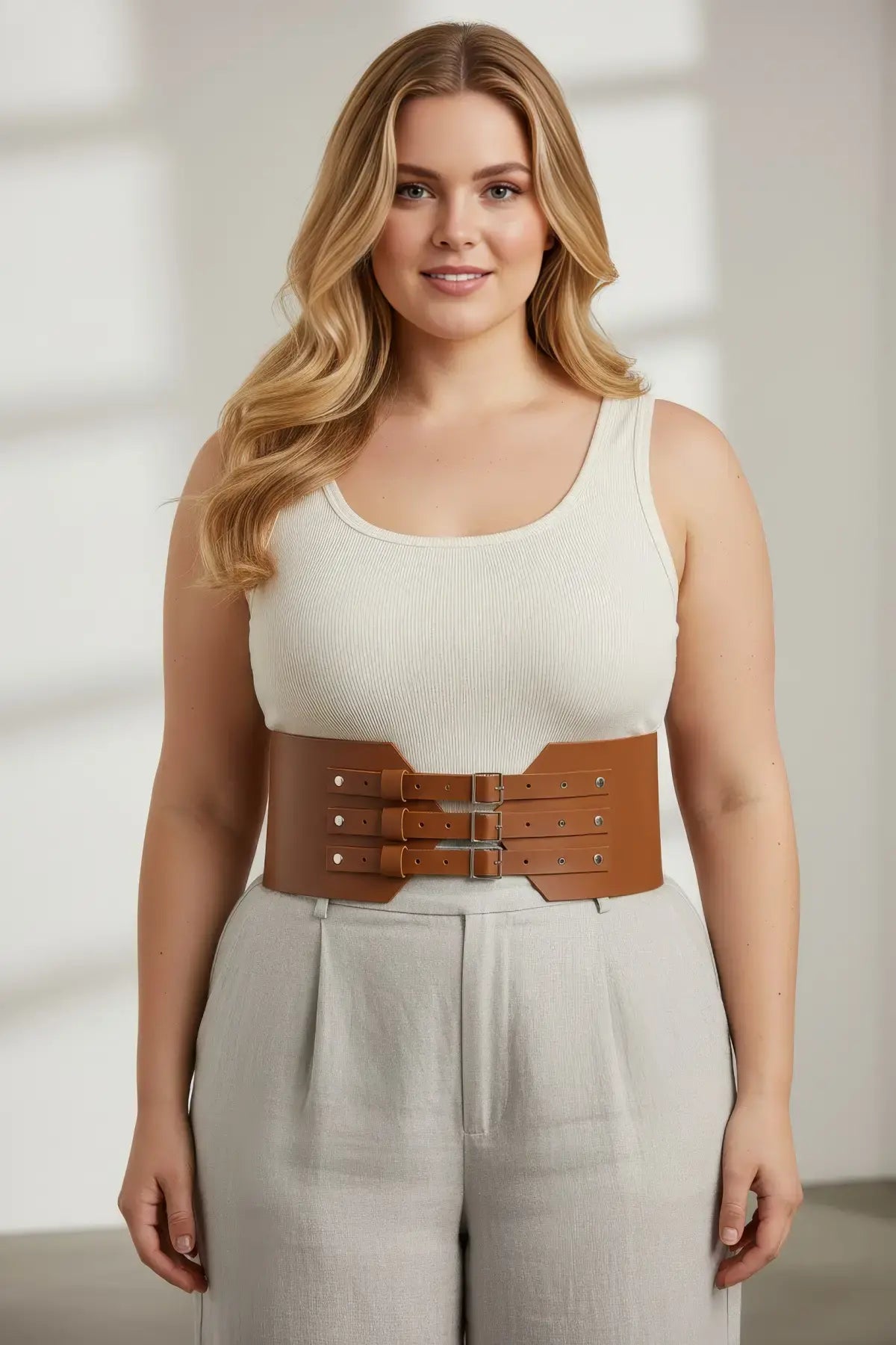 Plus Size Tan Triple Buckle Corset Belt by HarnessClub in vegan leather worn at the waist