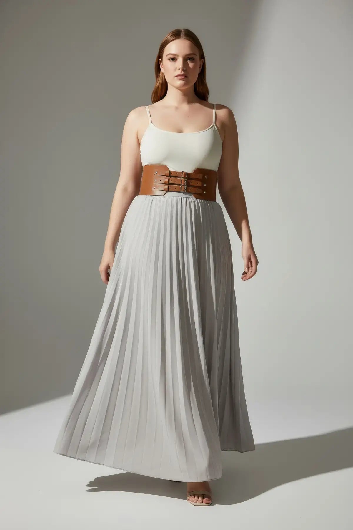 Plus Size Tan Triple Buckle Corset Belt in vegan leather; wide waist cincher worn over a white top.