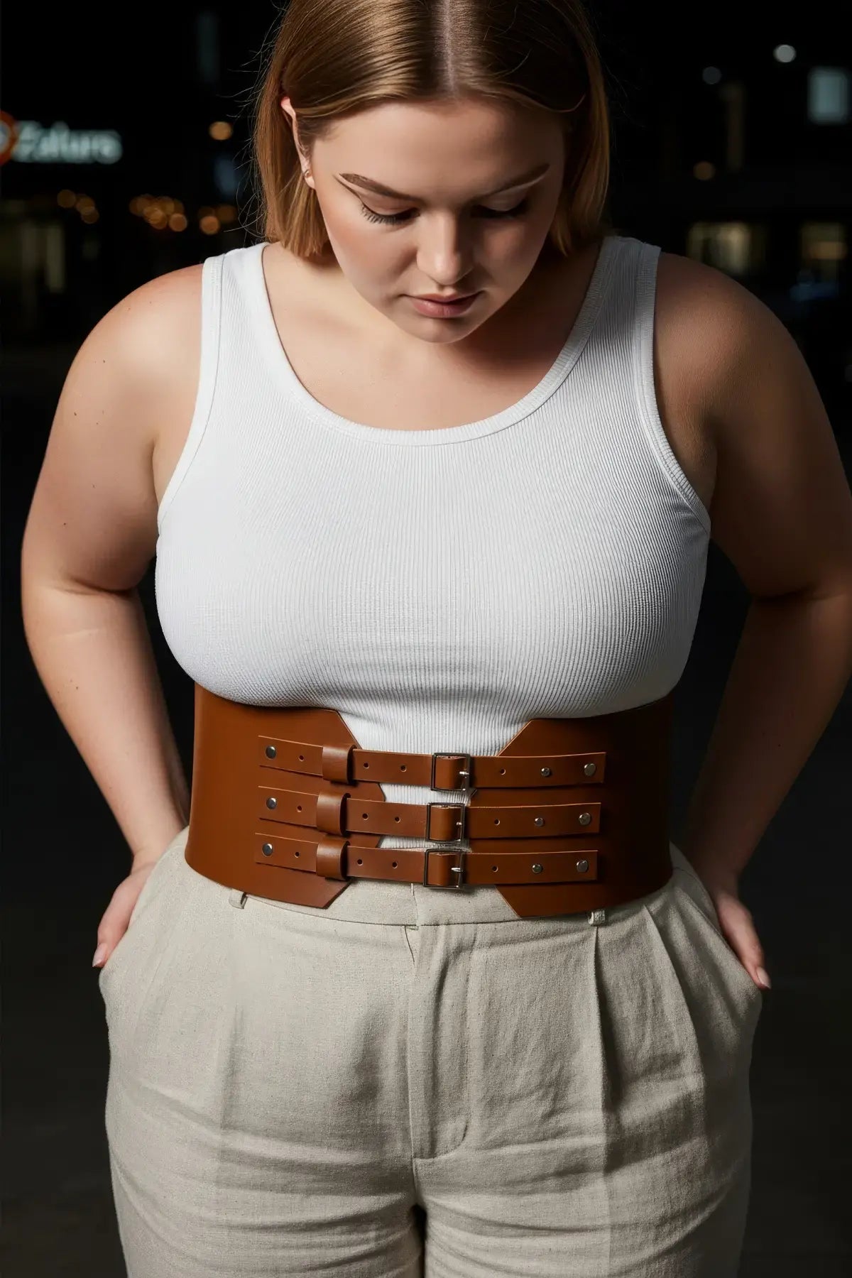 Plus-size tan triple-buckle corset belt by HarnessClub, vegan leather wide waist cincher.