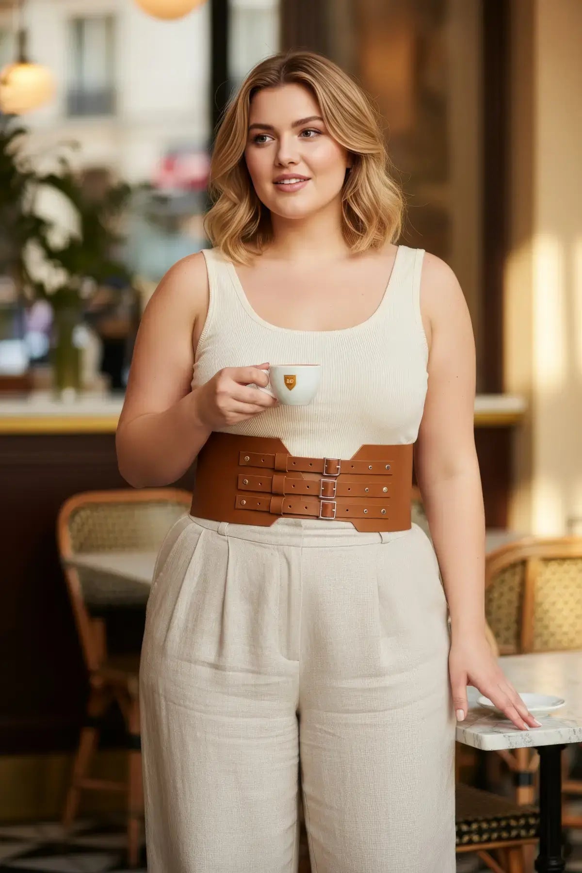 Plus-size tan triple-buckle corset belt by HarnessClub worn at the waist over a cream top; vegan leather wide cincher.