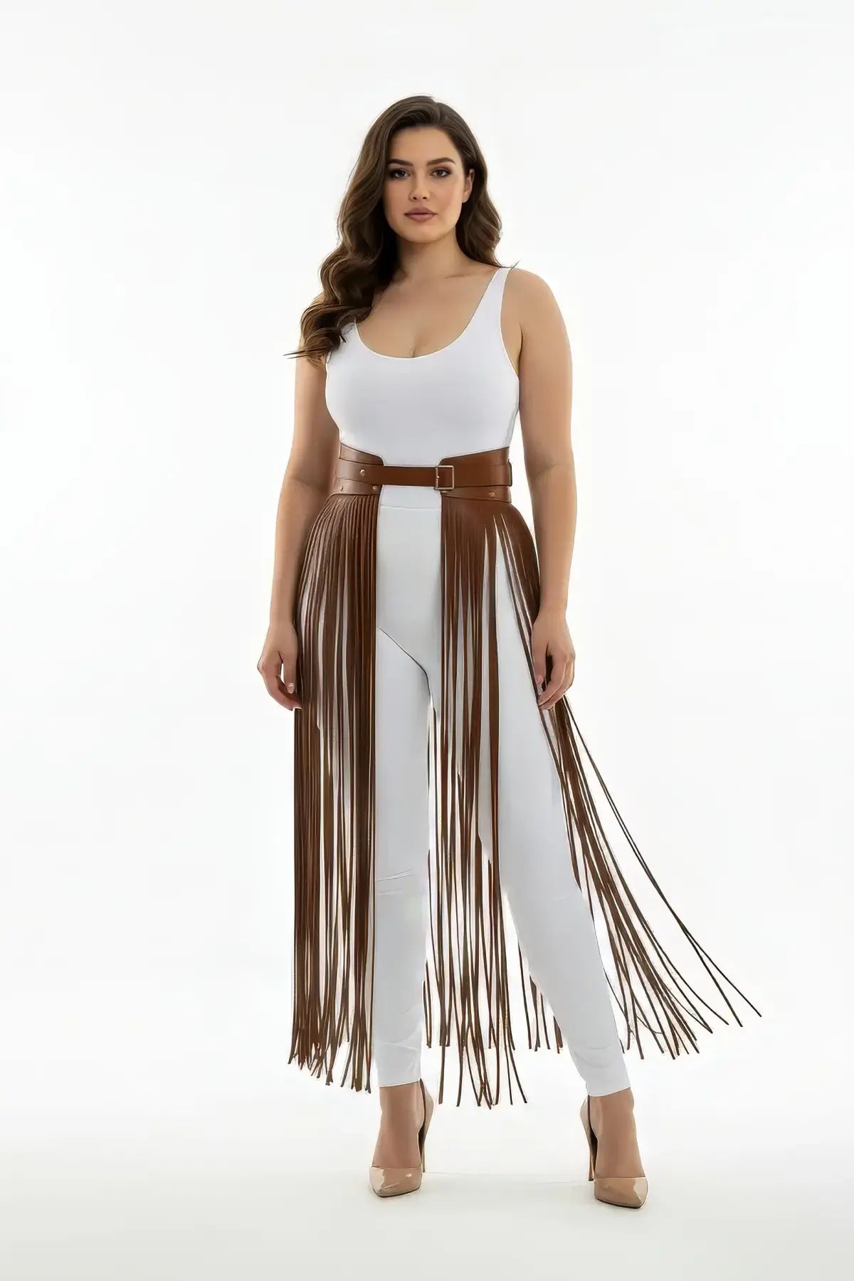 Plus Size tan vegan leather fringe belt skirt by HarnessClub with ultra-long fringe