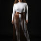 Plus Size tan vegan leather fringe belt skirt by HarnessClub with ultra-long fringe