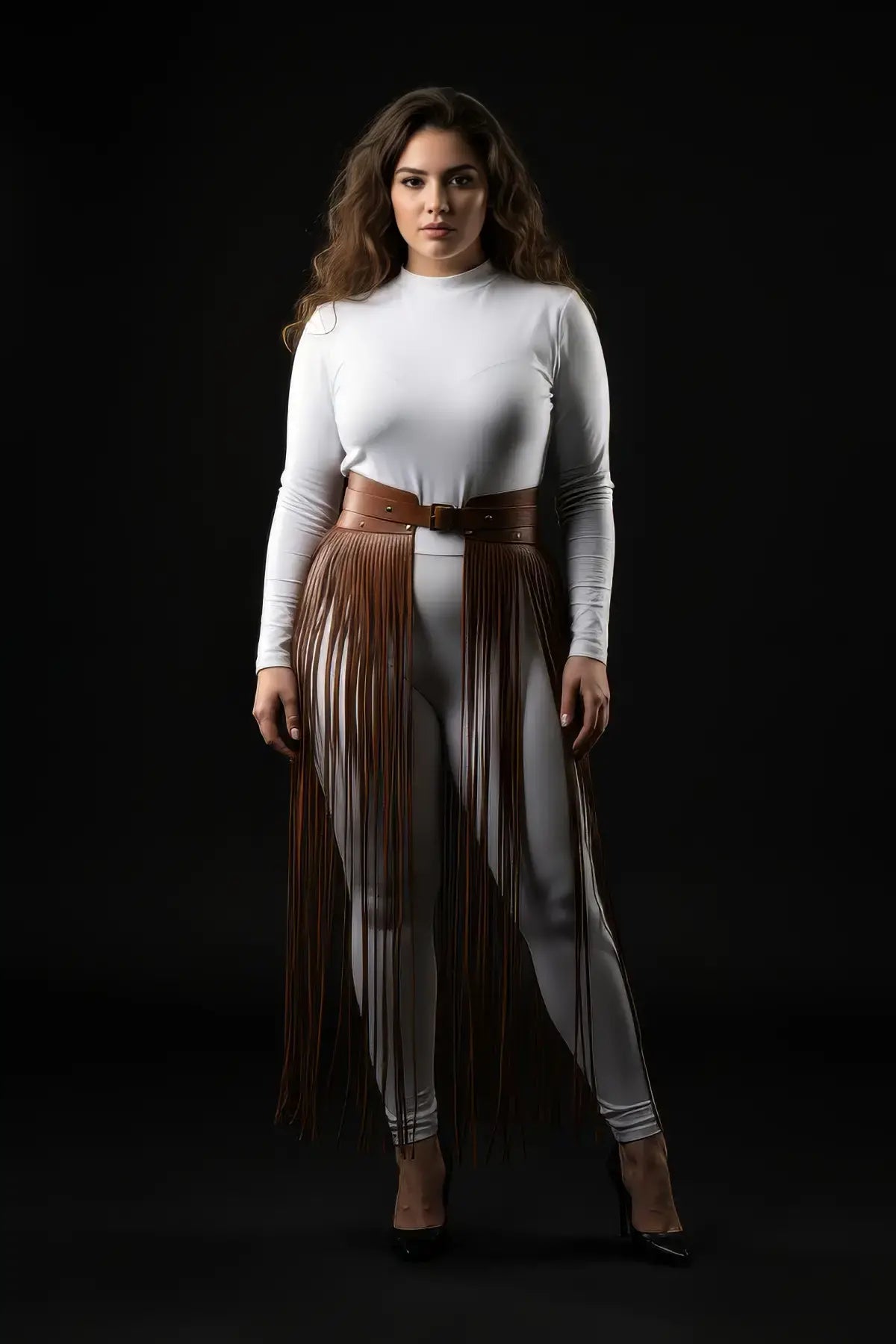 Plus Size tan vegan leather fringe belt skirt by HarnessClub with ultra-long fringe