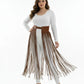 Plus Size Tan Ultra-Long Fringe Belt Skirt with a wide vegan-leather waist belt and long fringe.