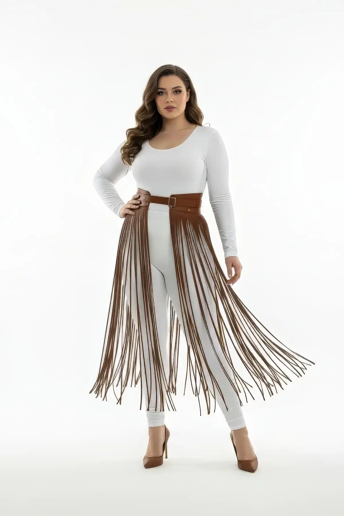Plus Size Tan Ultra-Long Fringe Belt Skirt with a wide vegan-leather waist belt and long fringe.