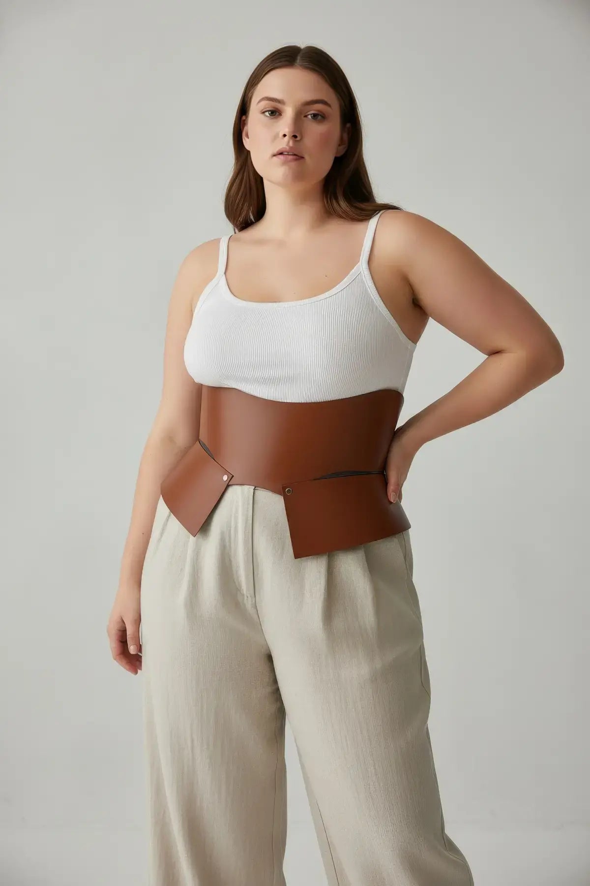 Plus size tan wide corset belt in vegan leather worn over a white ribbed top waist cincher with overlapping panels