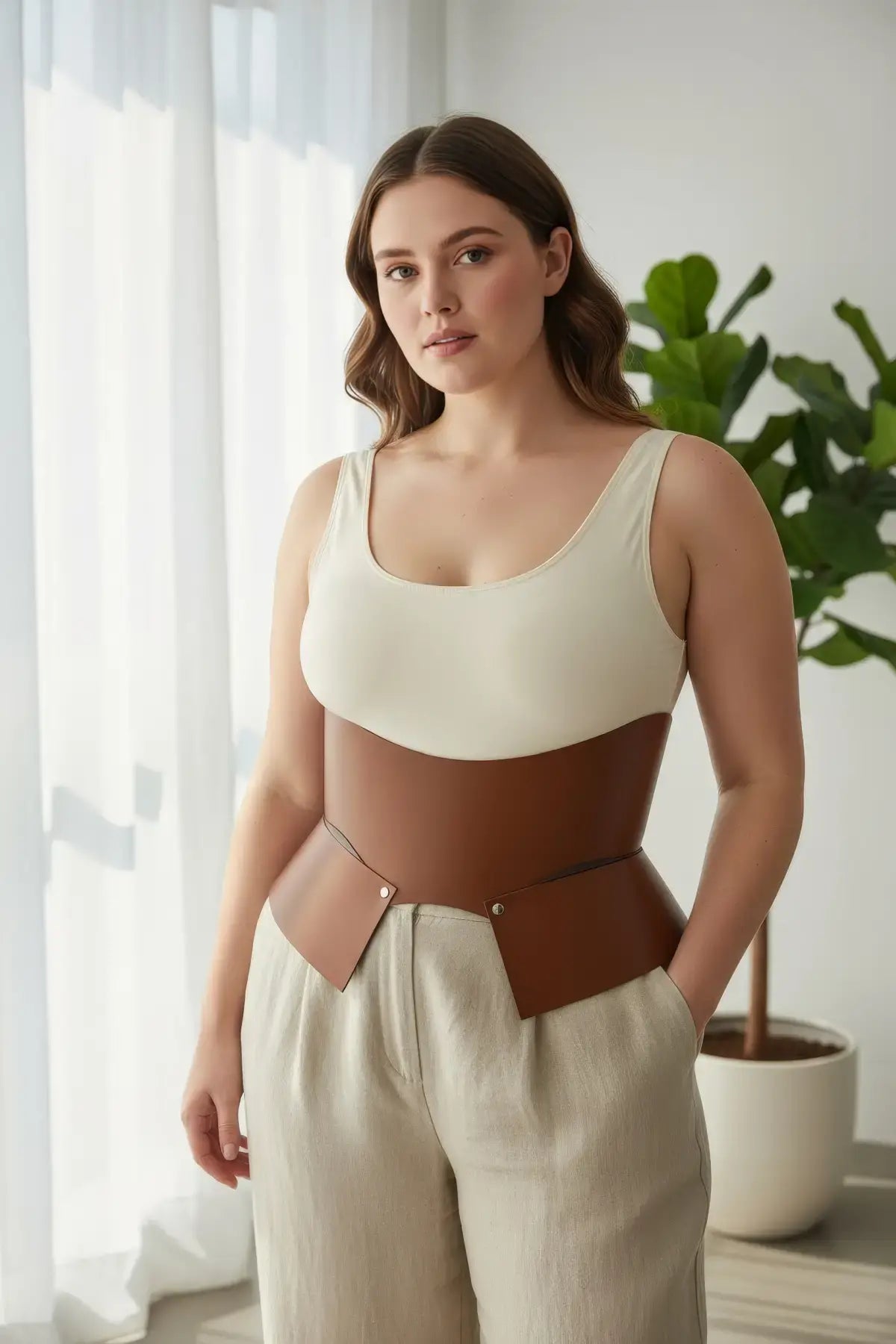 Plus size tan vegan leather wide corset belt, waist cincher worn by model in neutral-toned outfit