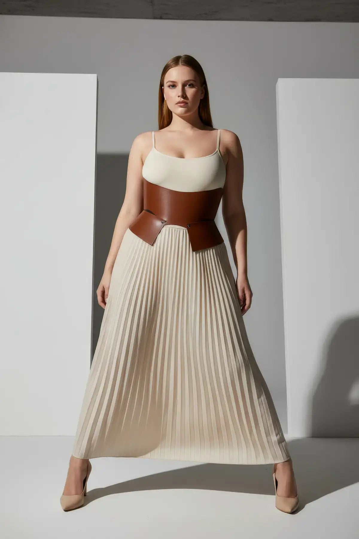Plus size tan vegan leather wide corset belt worn over cream top with a beige pleated skirt