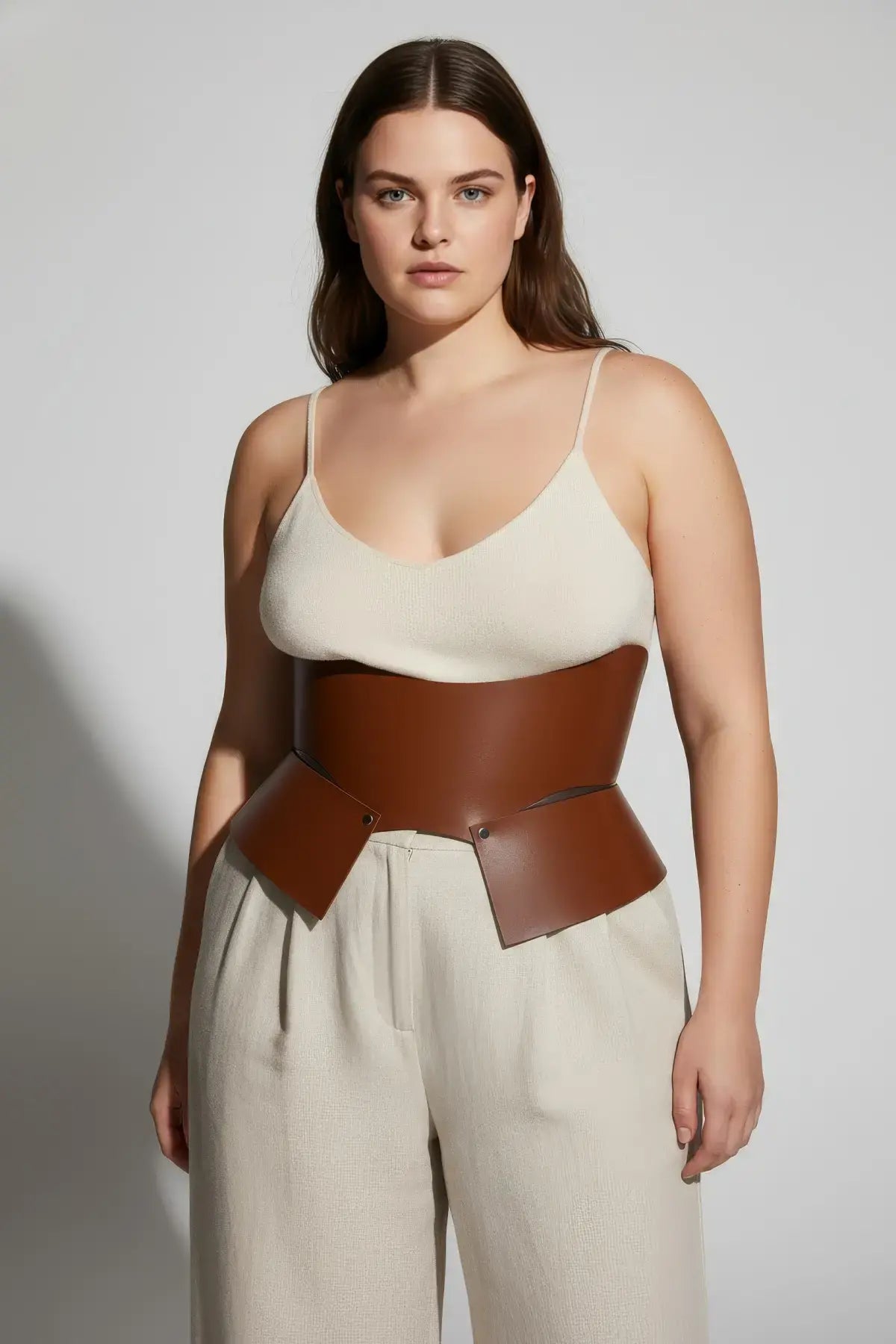Plus size tan wide corset belt in vegan leather by HarnessClub, worn at waist over cream clothing.