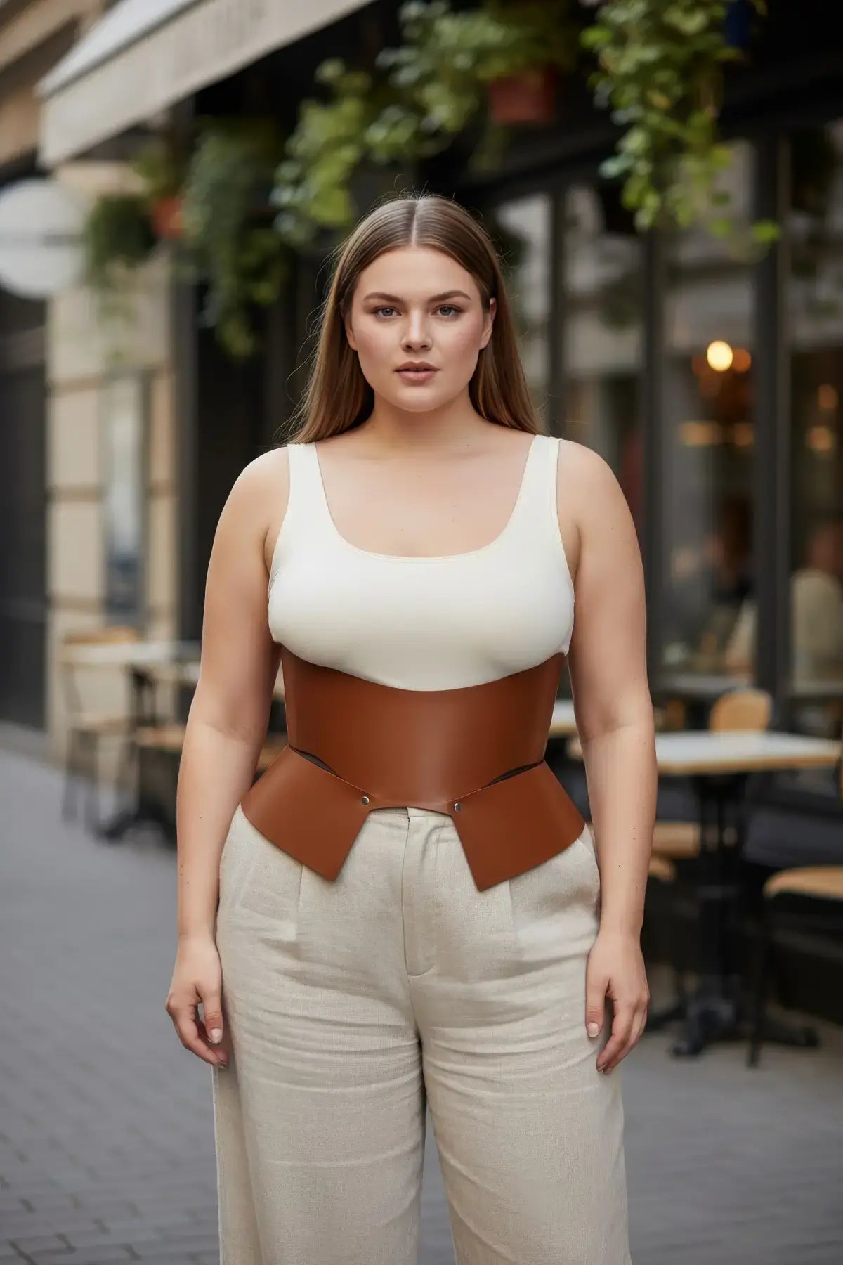 Plus size tan wide corset belt in vegan leather by HarnessClub, waist cincher