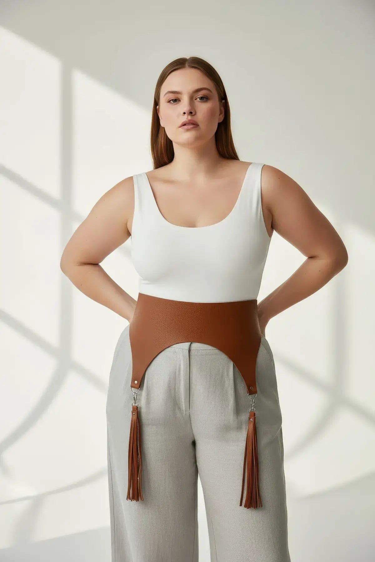 Plus-size tan vegan leather corset waist belt with tassels, HarnessClub