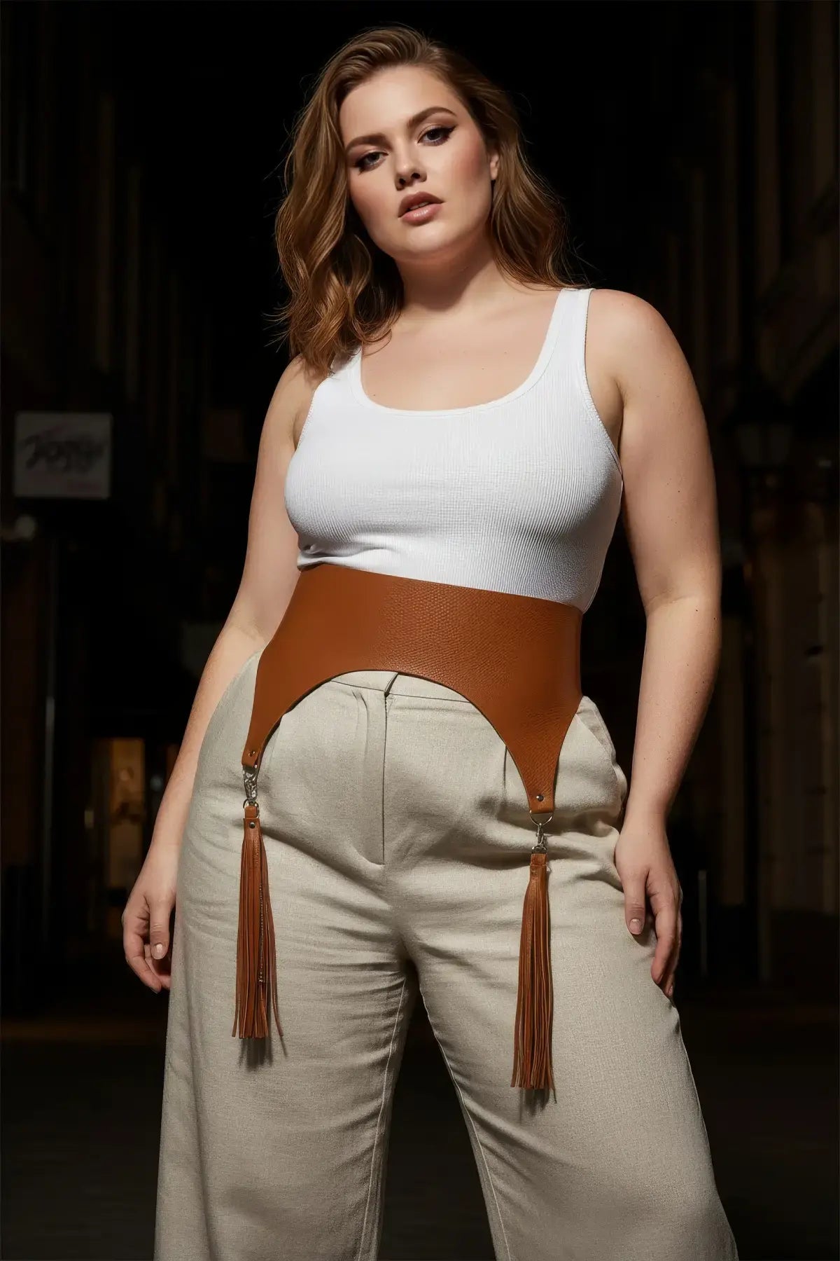 Plus-size tan wide corset waist belt with tassels in vegan leather