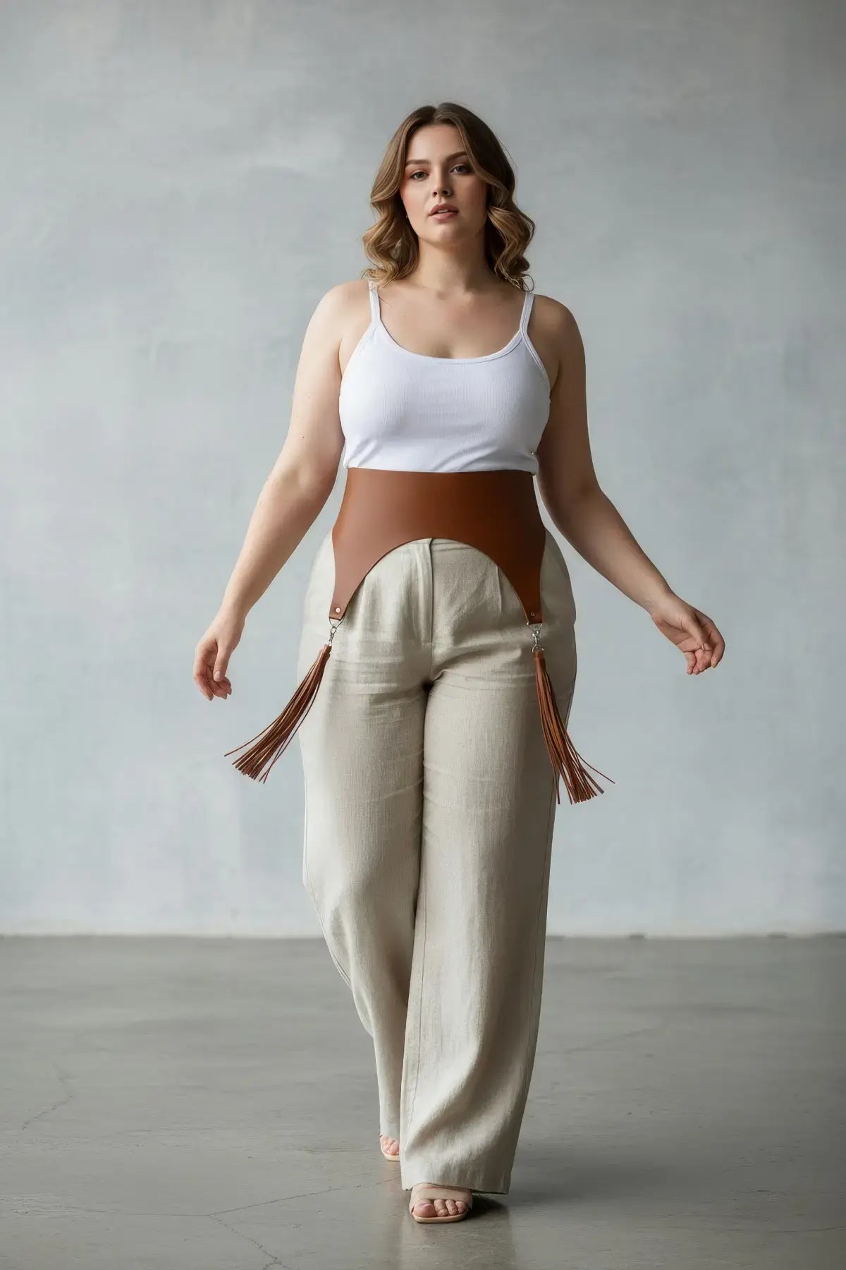 Plus-size tan wide corset waist belt with tassels in vegan leather by HarnessClub