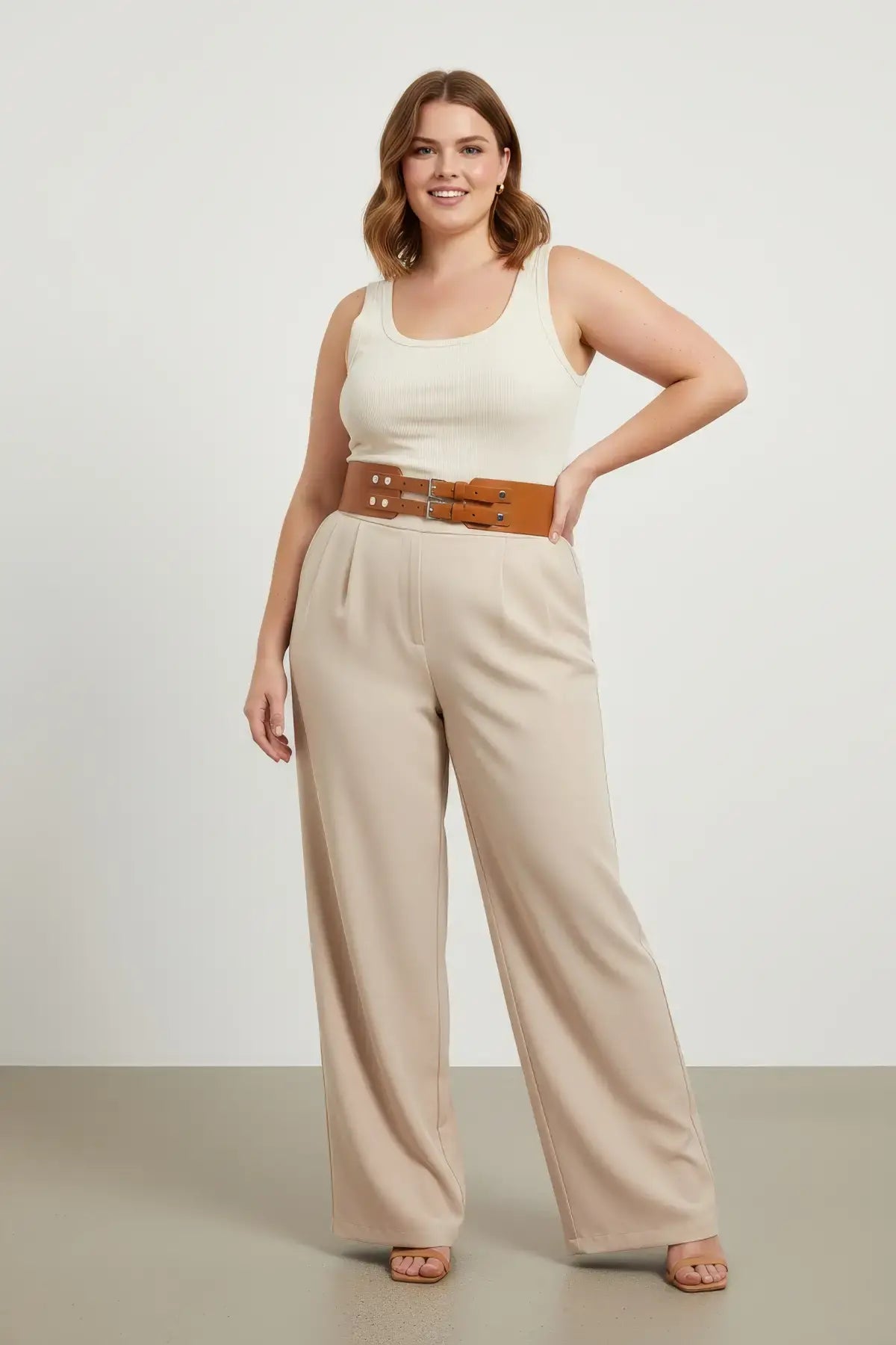 Plus-size tan leather wide waist belt with double buckles by HarnessClub