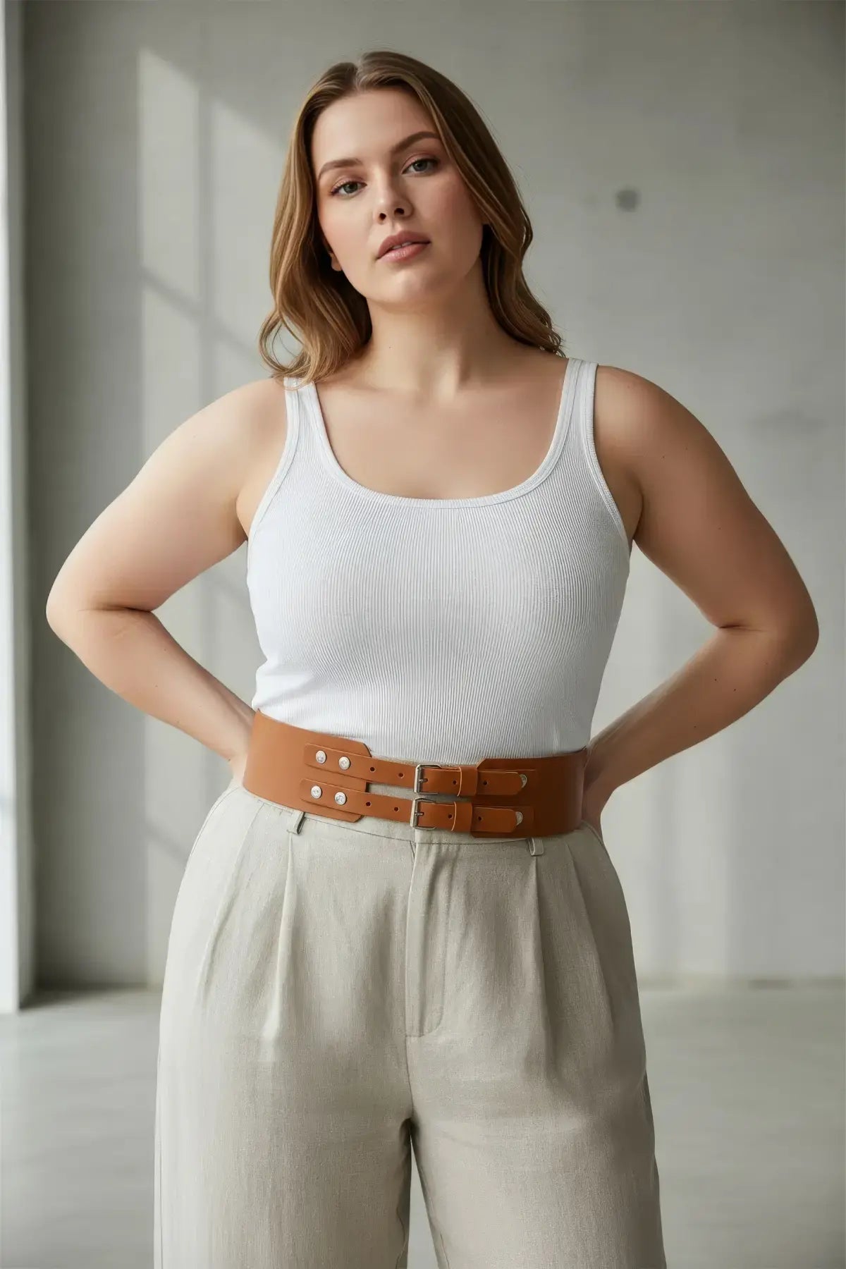 Plus Size Tan Wide Double-Buckle Leather Waist Belt by HarnessClub