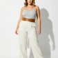 Plus Size Tan Wide Double-Buckle Leather Waist Belt worn over a gray top.