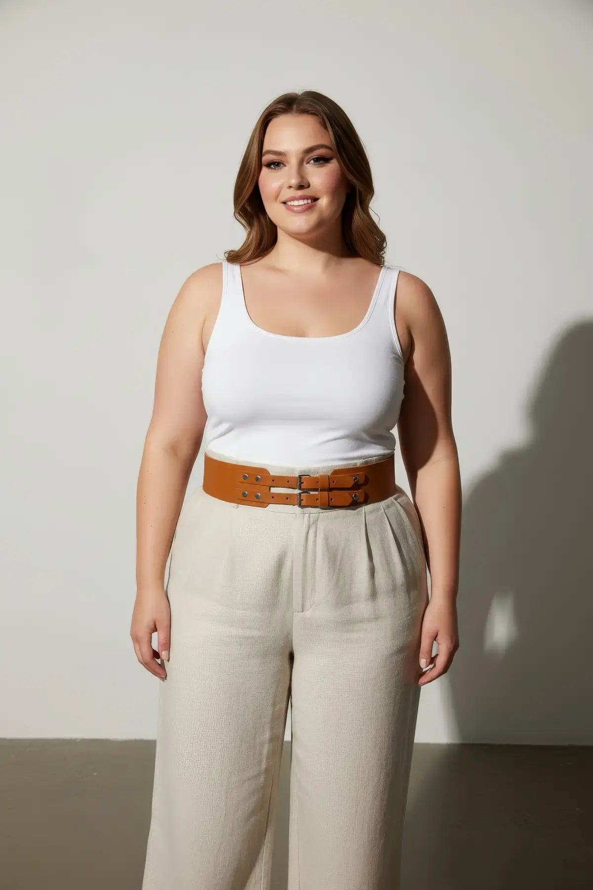 Plus-size tan leather waist belt with double buckles by HarnessClub.
