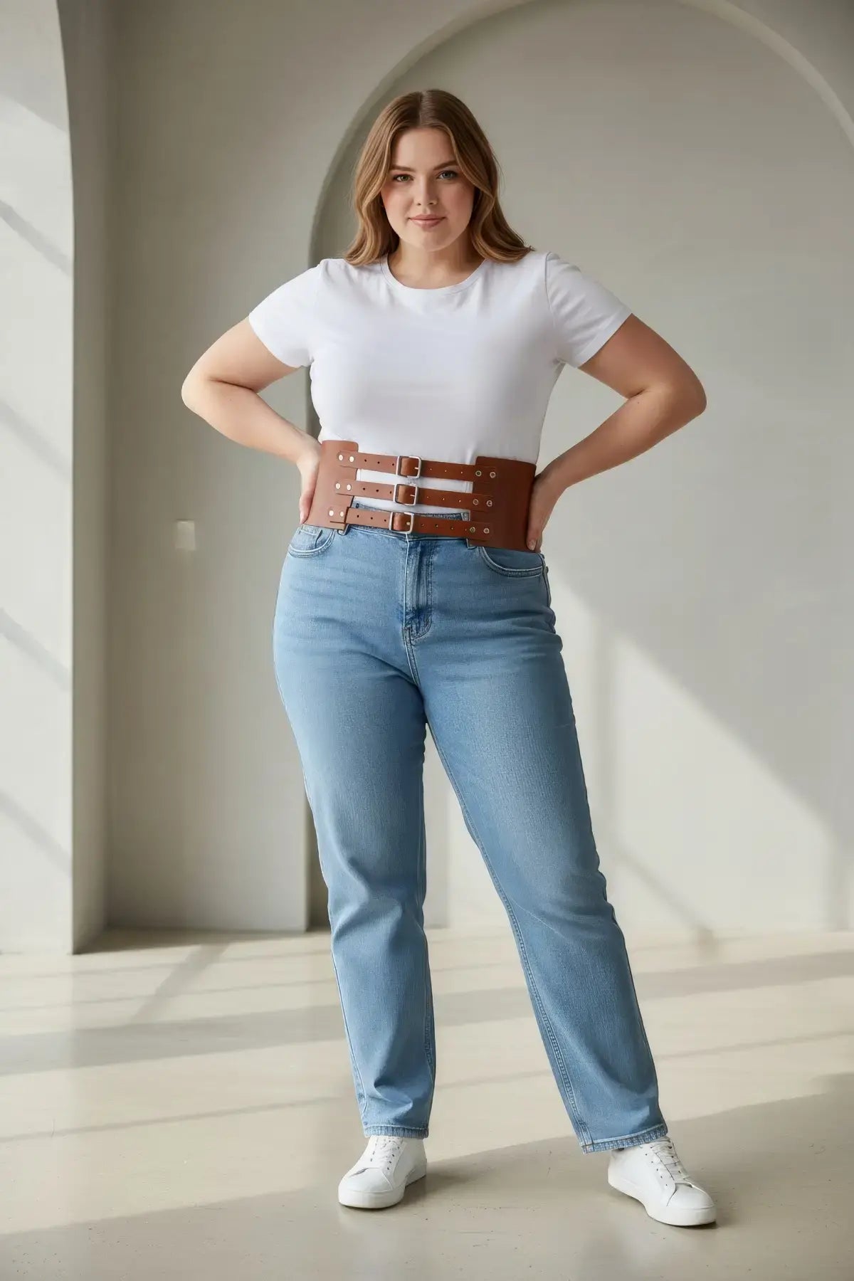 Plus Size Tan Wide Triple-Buckle Corset Belt, vegan leather waist accessory.