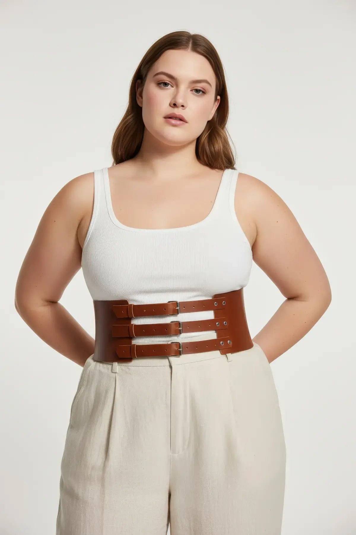 Plus size tan wide triple-buckle vegan leather corset belt worn around the waist by HarnessClub
