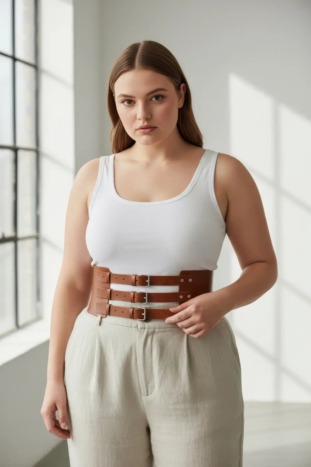 Plus-Size tan wide triple-buckle corset belt in vegan leather worn at the waist