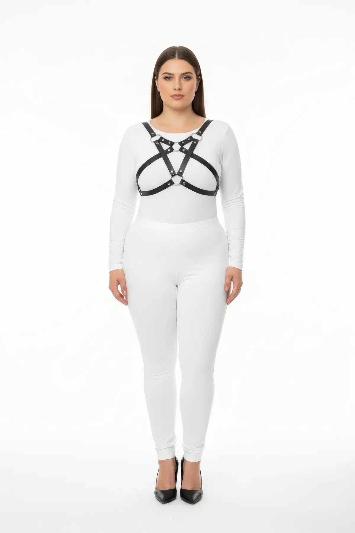 Plus Size Triple O-Ring Chest Harness with Cross-Strap Bust, vegan leather, black by HarnessClub