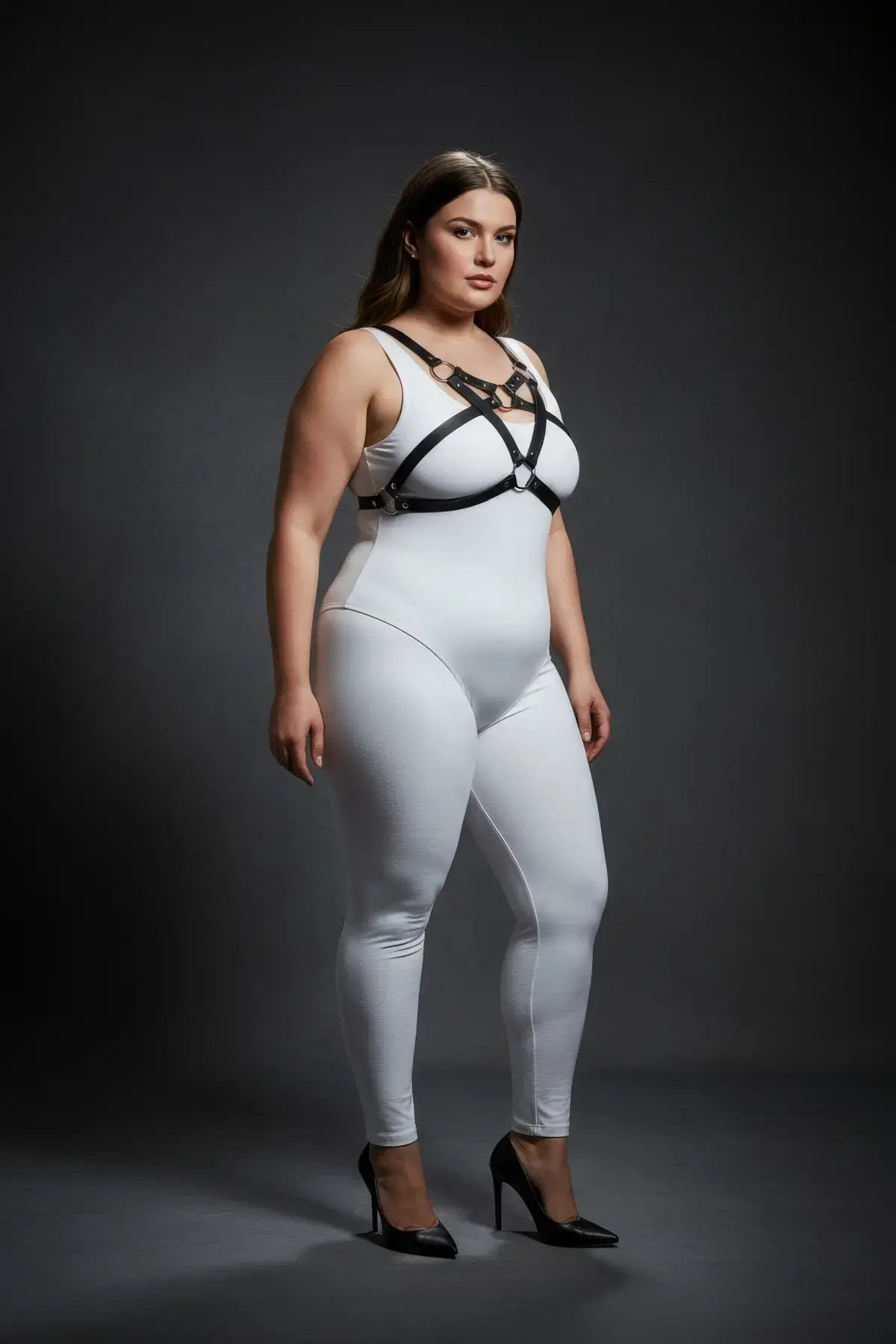 Plus Size Triple O-Ring Chest Harness with Cross-Strap Bust by HarnessClub, vegan leather, black straps.