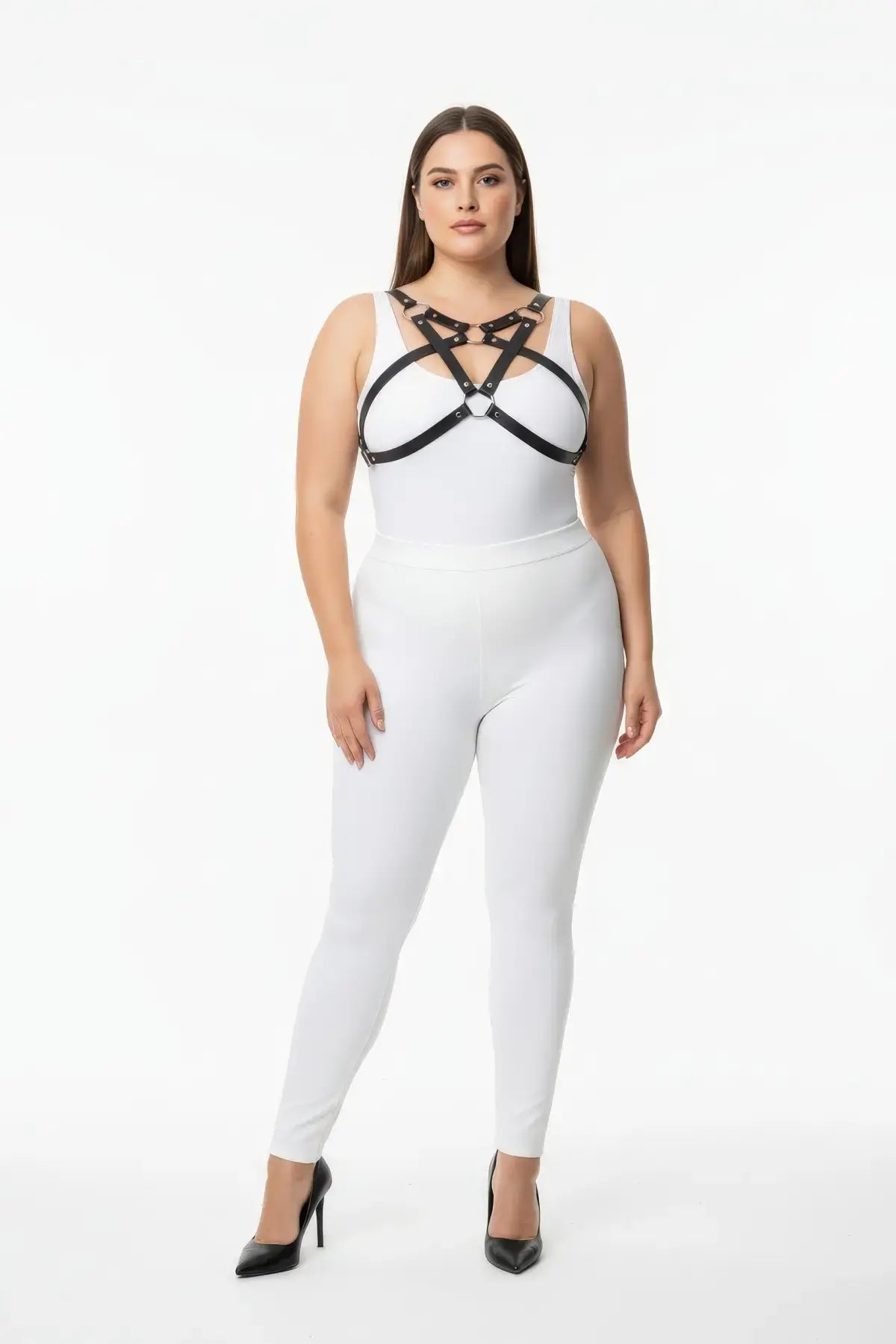 HarnessClub Plus Size Triple O-Ring Chest Harness with Cross-Strap Bust, black vegan leather body accessory