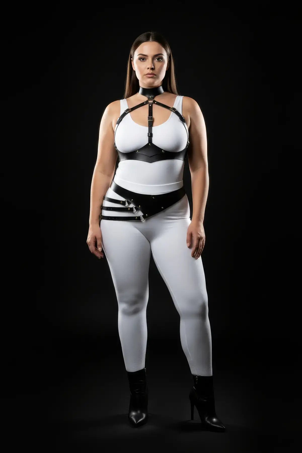 HarnessClub plus-size vegan leather underbust harness with asymmetric sash hip belt, two-piece on model