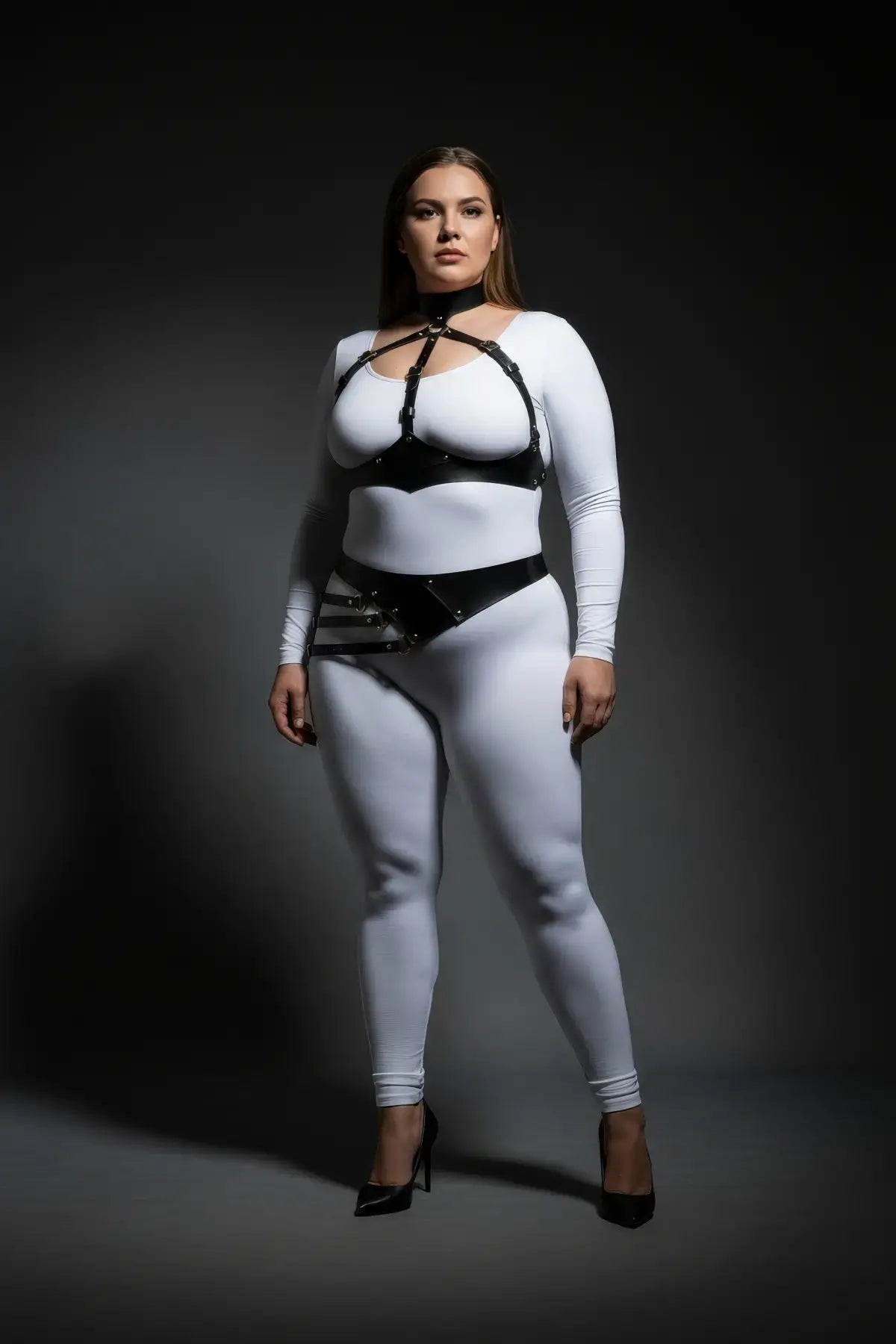Plus Size underbust harness with asymmetric sash hip belt in black vegan leather two-piece by HarnessClub