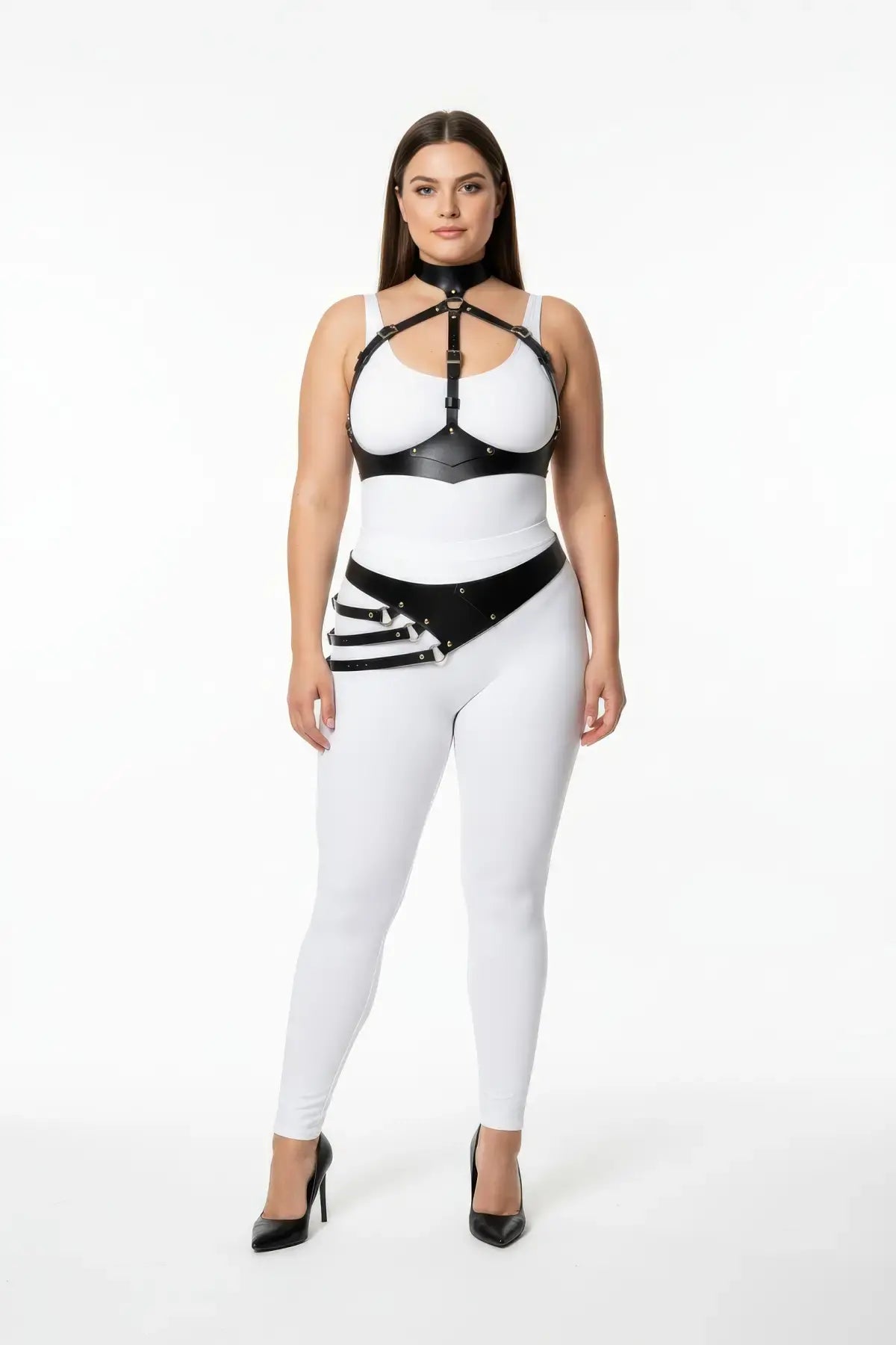 HarnessClub plus-size underbust vegan leather harness with asymmetric sash hip belt, black two-piece set