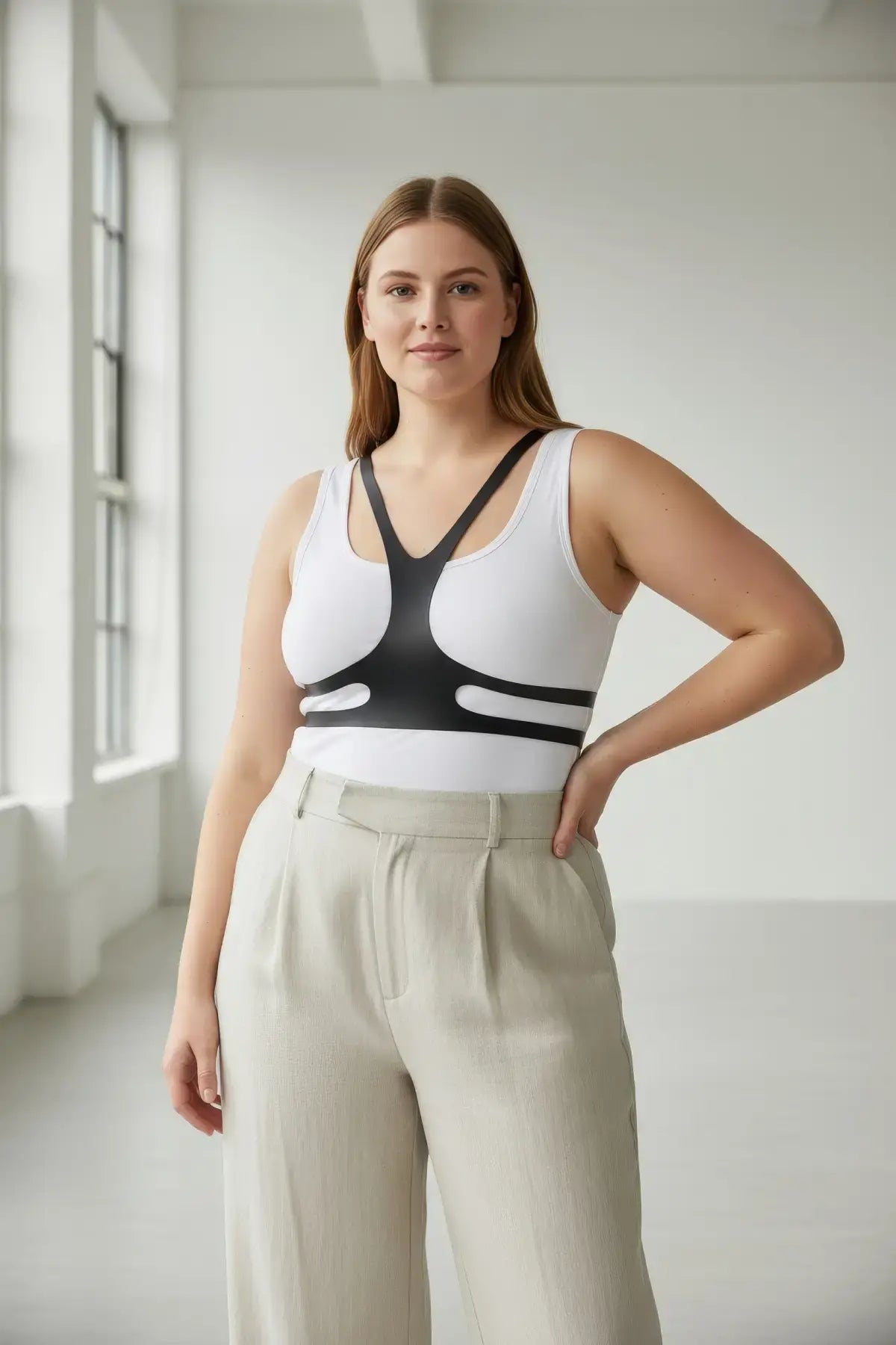 Plus size black vegan leather body harness belt worn over a white tank top with a Y-shaped chest strap.